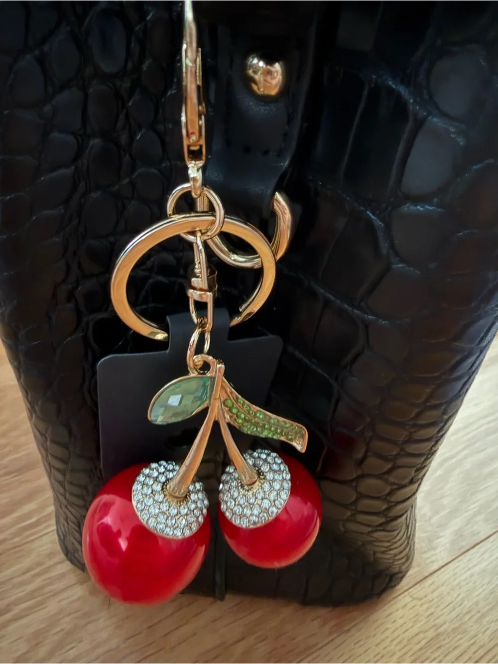 Cherry Keychain Charm with Red Enamel and Green Crystal Leaves